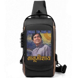 Zindagi Toh Chud Gai BABUMOSHAYE Printed Black Bronze Premium Chester Bag W/ Zipper Lock and Charging Port