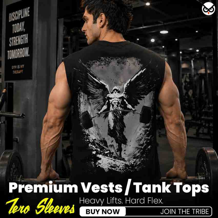 The Holy Gains Deadlift Angel Premium Boxy Fit Back Printed Sleeveless Tank Top Vest ooltaseedha.com