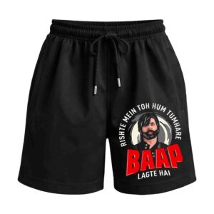 Ultimate Boss – Rishte Mei Toh Hum Tumhare Baap Lagte Hai Premium Relaxed Fit Front Print Black Shorts | OoltaSeedha Ultimate Boss – Rishte Mei Toh Hum Tumhare Baap Lagte Hai Premium Relaxed Fit Front Print Black Shorts | OoltaSeedha