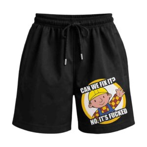 Beyond Repair – Bob The Builder Funny Parody Premium Relaxed Fit Front Print Black Shorts | OoltaSeedha