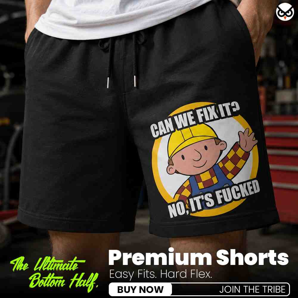 Beyond Repair - Bob The Builder Funny Parody Premium Relaxed Fit Front Print Black Shorts | OoltaSeedhaooltaseedha.com