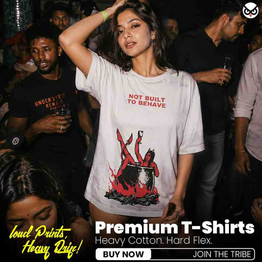 Not Built To Behave - Girl Burning in Hell Happily | Oversized Black Front Print T-Shirt | OoltaSeedha