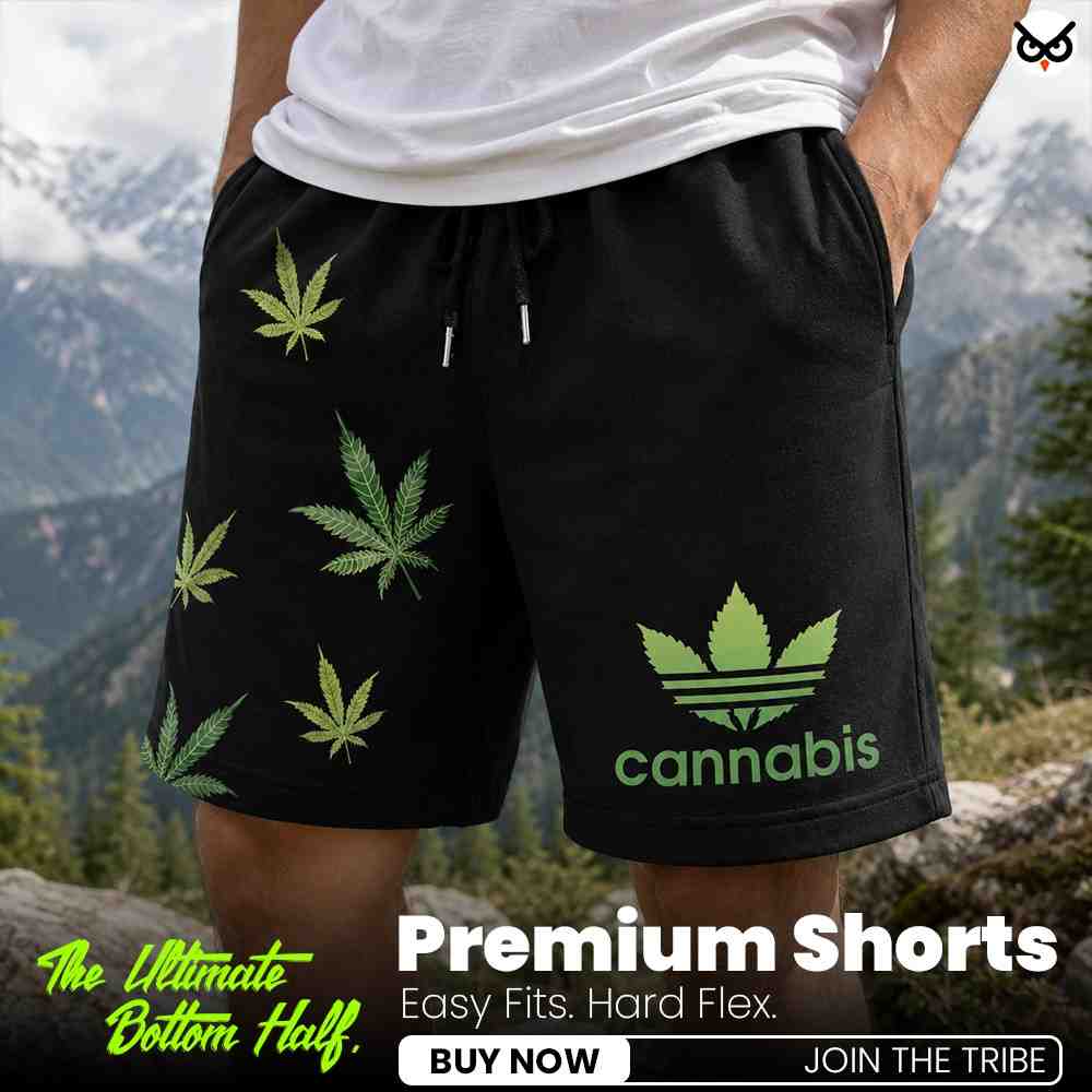 Cannabis Leaves Premium Relaxed Fit Front Print Black Shorts | OoltaSeedha ooltaseedha.com