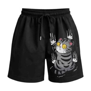 Clinging To Sanity Cat Slipping Premium Relaxed Fit Front Print Black Shorts