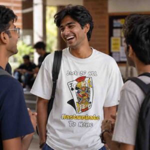 The Solo Jack Of All, Masturbate To None | Oversized White Front Print T-Shirt | OoltaSeedha.com
