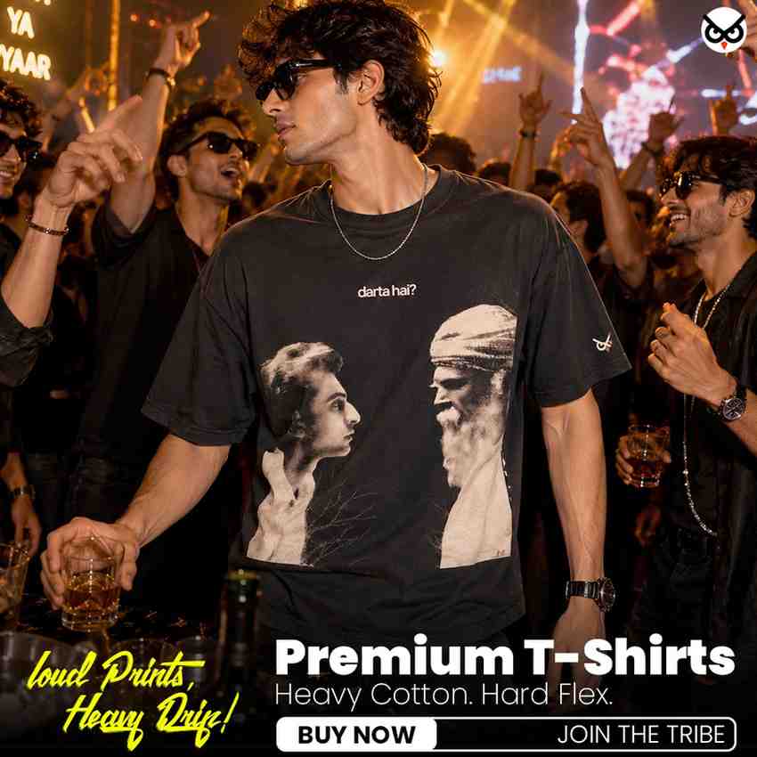 Darta Hai? The Existential Check, Tamasha Movie Scene | Oversized Black Front Print T-Shirt | OoltaSeedha.com
