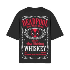 Deadpool Jack Daniels Parody – Ass Kicking Quality Merc’s Whiskey Oversized Black Back Print T-Shirt | OoltaSeedha