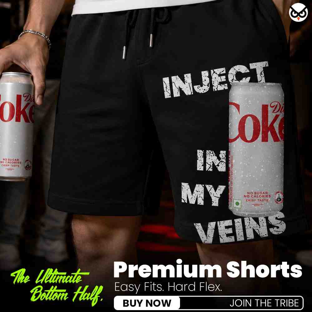 FIZZED OUT | Inject DIET COKE In My Veins Premium Relaxed Fit Front Print Black Shorts ooltaseedha.com