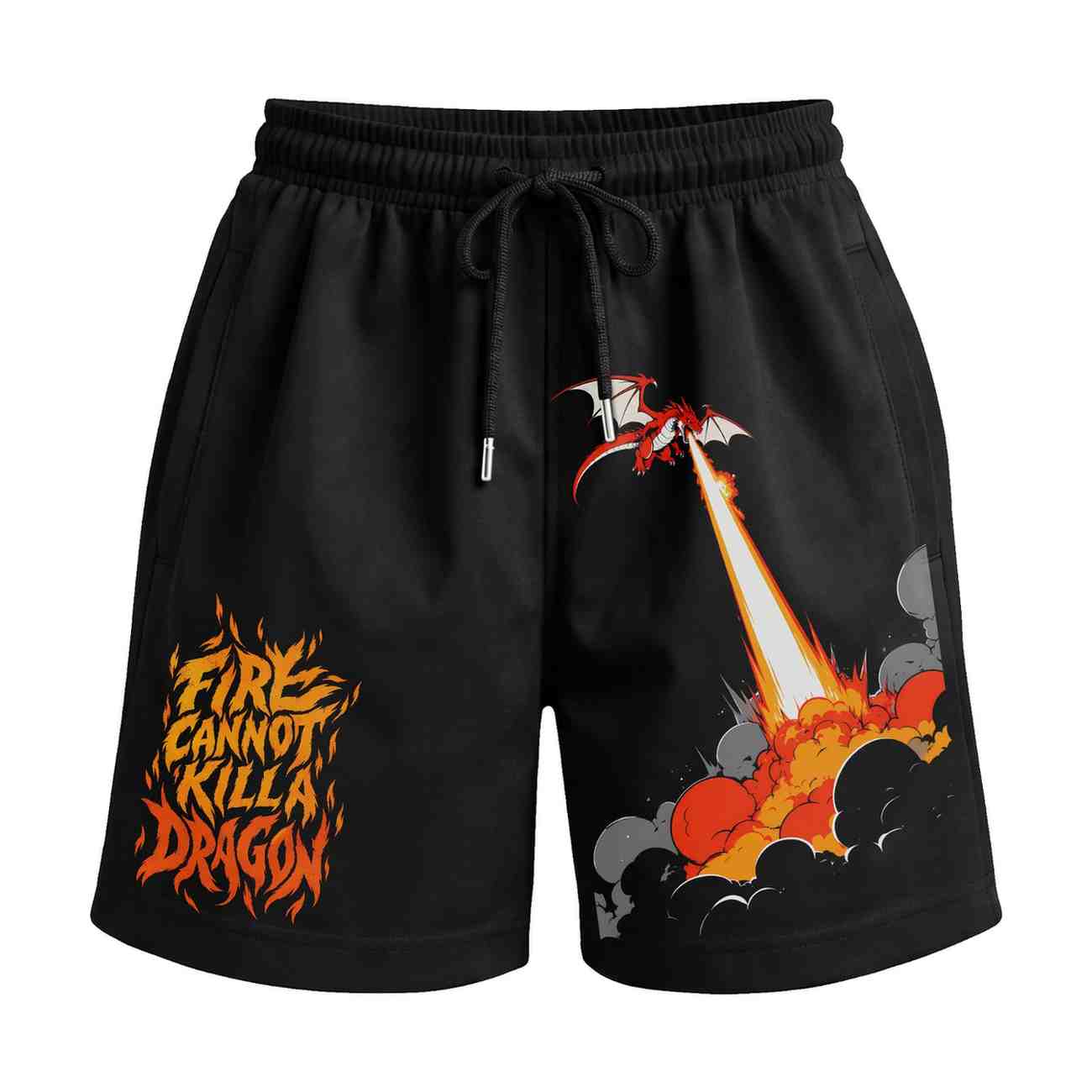 The Unburnt - Fire Cannot Kill A Dragon Premium Relaxed Fit Front Print Black Shorts | OoltaSeedhaooltaseedha.com