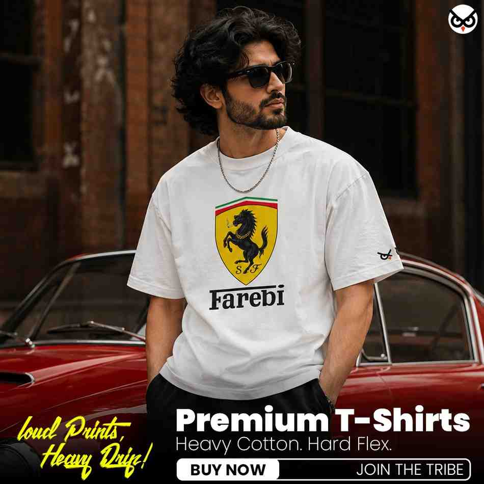 Farebi The Hustler Horse Desi Ferrari Logo Parody | Oversized White Front Print T-Shirt | OoltaSeedha