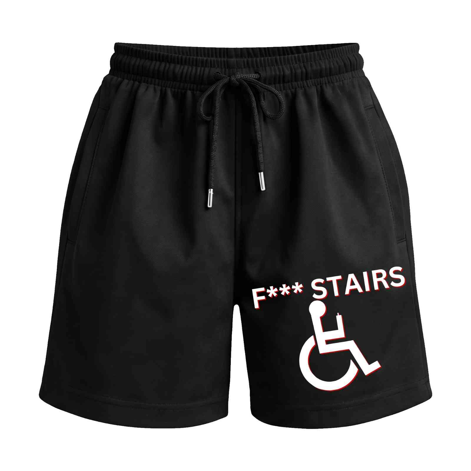 FCK Stairs - Elevator Only Wheelchair Special | Premium Relaxed Fit Front Print Black Shorts | OoltaSeedh ooltaseedha.com