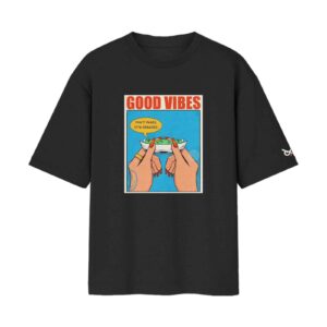 Good Vibes – Dont Panic, Its Organic Rolling Paper Oversized Black Front Print T-Shirt | OoltaSeedha