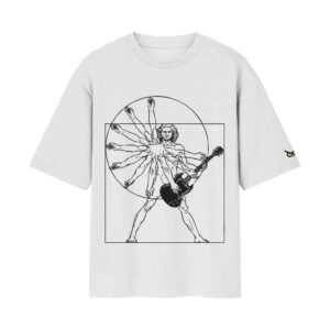 Master of Riffs – Da Vinci Guitar Parody Oversized White Front Print T-Shirt | OoltaSeedha