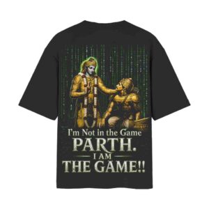 Matrix Meets Mahabharata – I Am Not In The Game Parth, I Am The Game Oversized Black Back Print T-Shirt | OoltaSeedha Matrix Meets Mahabharata – I Am Not In The Game Parth, I Am The Game Oversized Black Back Print T-Shirt | OoltaSeedha