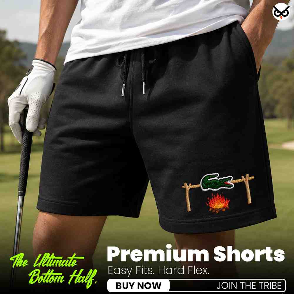 The Lacoste/Crocodile Parody The "Luxury BBQ" Premium Relaxed Fit Front Print Black Shorts ooltaseedha.com