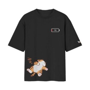 1% Social Battery Cat On Power Saving Mode Oversized Black Front Print T-Shirt | OoltaSeedha (No Embroidary) 1% Social Battery Cat On Power Saving Mode Oversized Black Front Print T-Shirt | OoltaSeedha (No Embroidary)