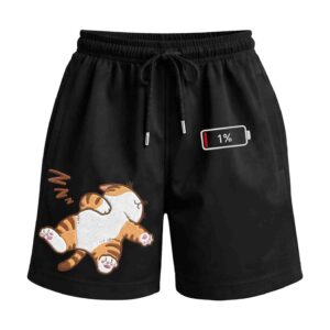 1% Social Battery Cat On Power Saving Mode Premium Relaxed Fit Front Print Black Shorts (No Embroidary)