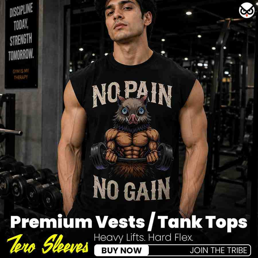 Demon Slayer- Kimetsu | No Pain No Gain | The "Beast Breathing Bulk" Premium Boxy Fit Front Printed Sleeveless Tank Top Vest ooltaseedha.com