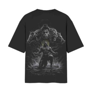 Panchmukhi Hanuman Ji, Awakened Power | Oversized Black Back Print T-Shirt | OoltaSeedha