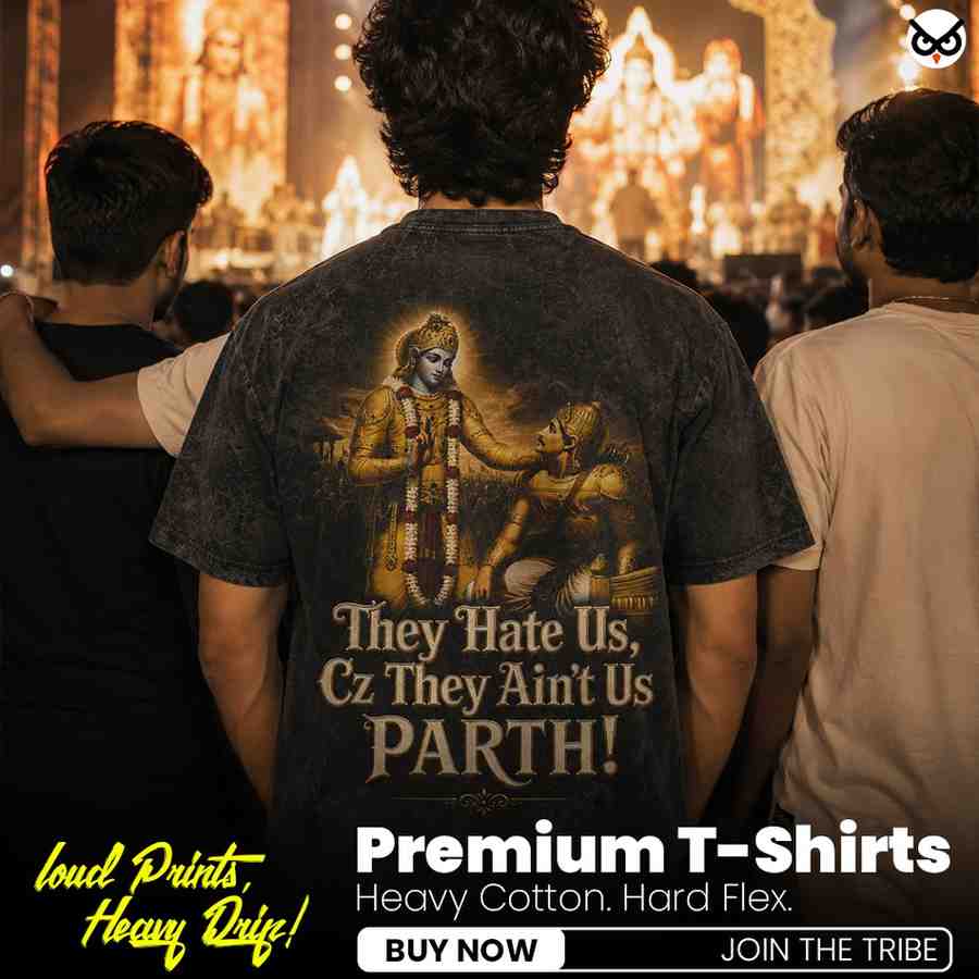 Epic Mahabharata - They Hate Uz Cz They Ain't Us Parth | Oversized Black Back Print T-Shirt | OoltaSeedha ooltaseedha.com