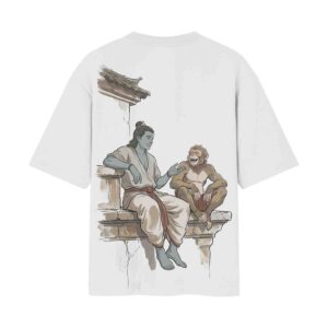 Divine Companionship – Shri Ram & Vaanar Oversized White Back Print T-Shirt | OoltaSeedha