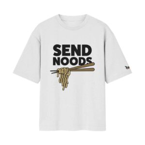 Send Noods – The Ramen Request Cheeky Meme | Oversized White Front Print T-Shirt | OoltaSeedha