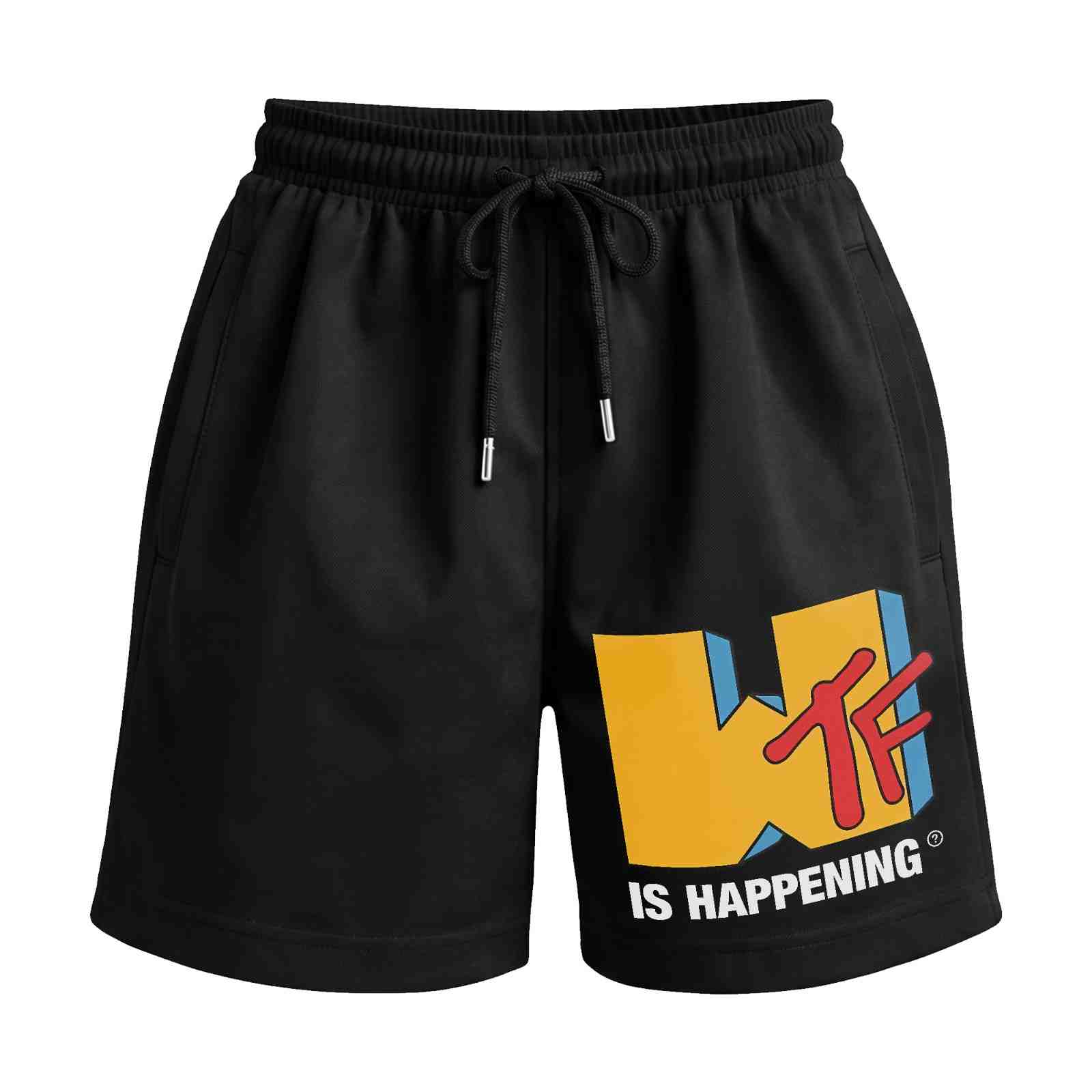 Current Mood - WTF Is Happening Retro Parody Premium Relaxed Fit Front Print Black Shorts | OoltaSeedh