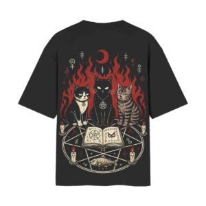 The Unholy Trinity Cats Praying Devil | Black Back Print T-Shirt | OoltaSeedha