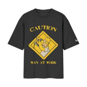 Caution: Man At Work Safety Hazard Homer Simpson Graphic | Black Front Print T-Shirt | Oolta Seedha Caution: Man At Work Safety Hazard Homer Simpson Graphic | Black Front Print T-Shirt | Oolta Seedha