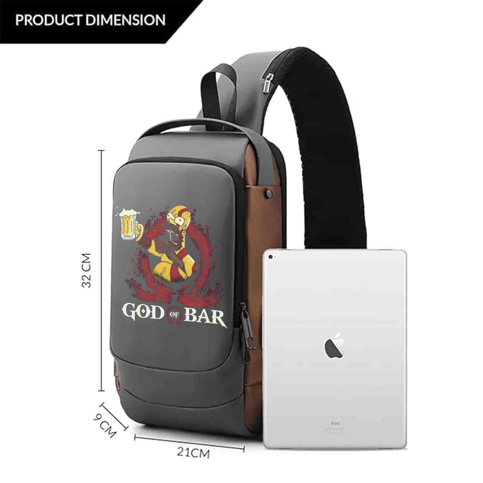 God Of Bar Printed Black Bronze Premium Chester Bag W/ Zipper Lock and Charging Port