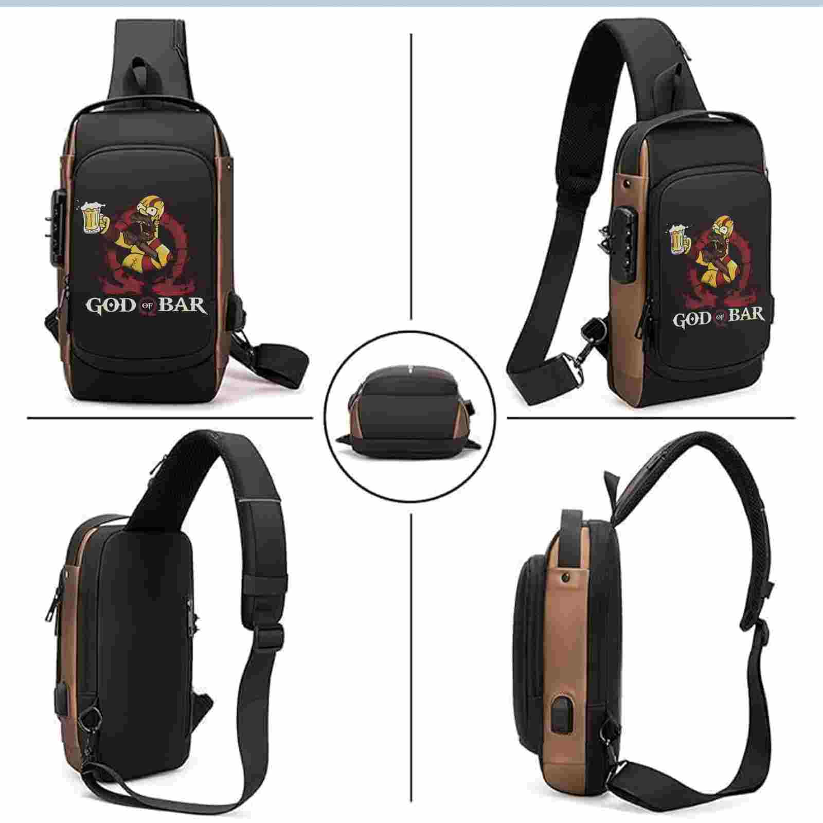 God Of Bar Printed Black Bronze Premium Chester Bag W/ Zipper Lock and Charging Port