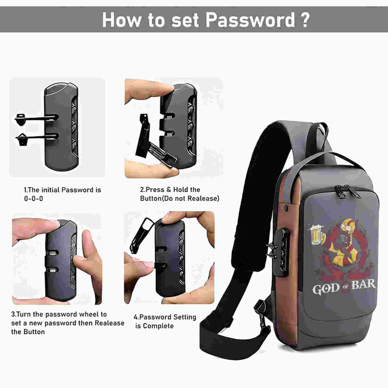 God Of Bar Printed Black Bronze Premium Chester Bag W/ Zipper Lock and Charging Port