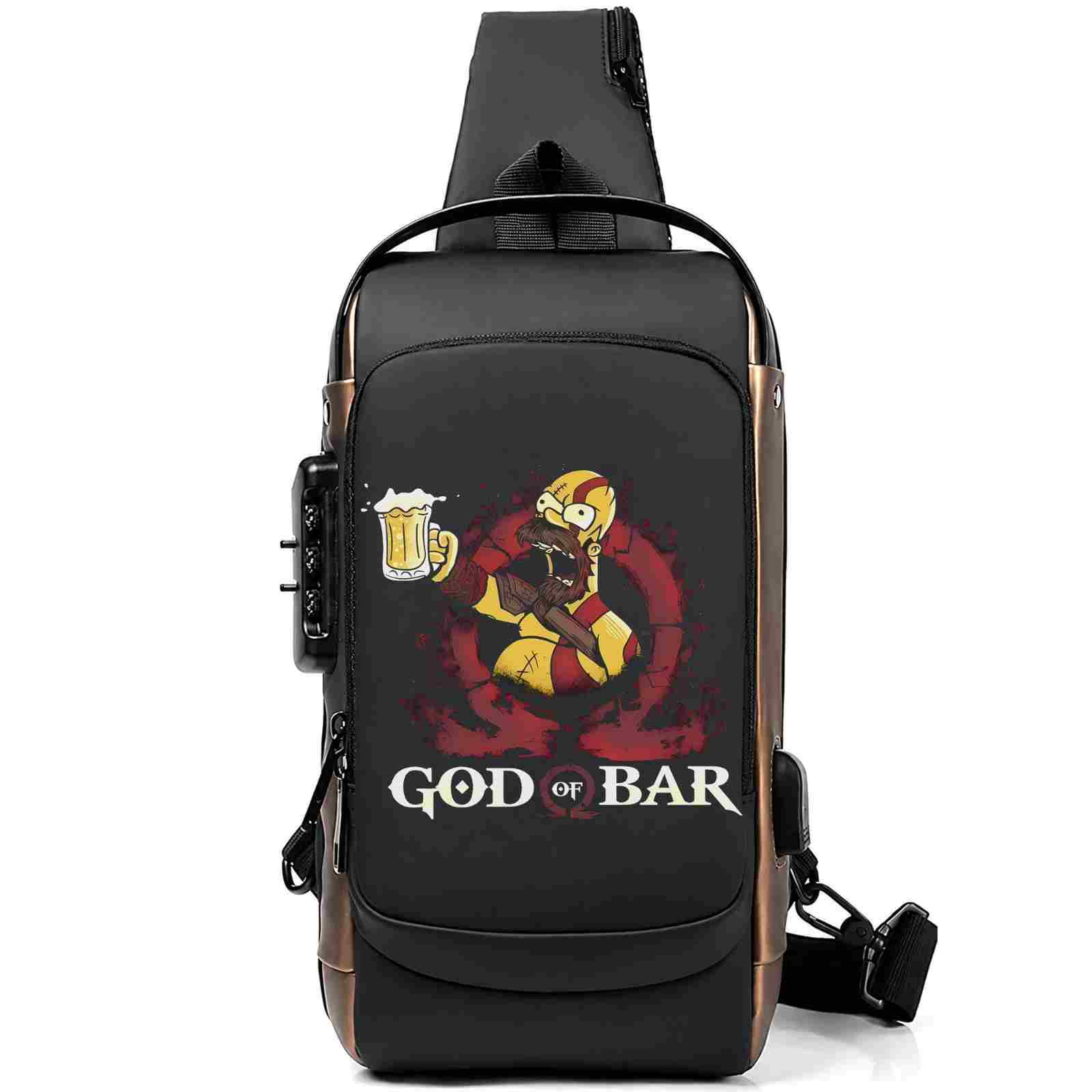 God Of Bar Printed Black Bronze Premium Chester Bag W/ Zipper Lock and Charging Port God Of Bar Printed Black Bronze Premium Chester Bag W/ Zipper Lock and Charging Port