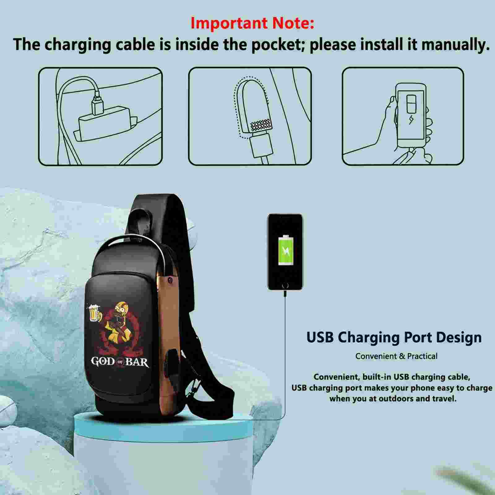 God Of Bar Printed Black Bronze Premium Chester Bag W/ Zipper Lock and Charging Port