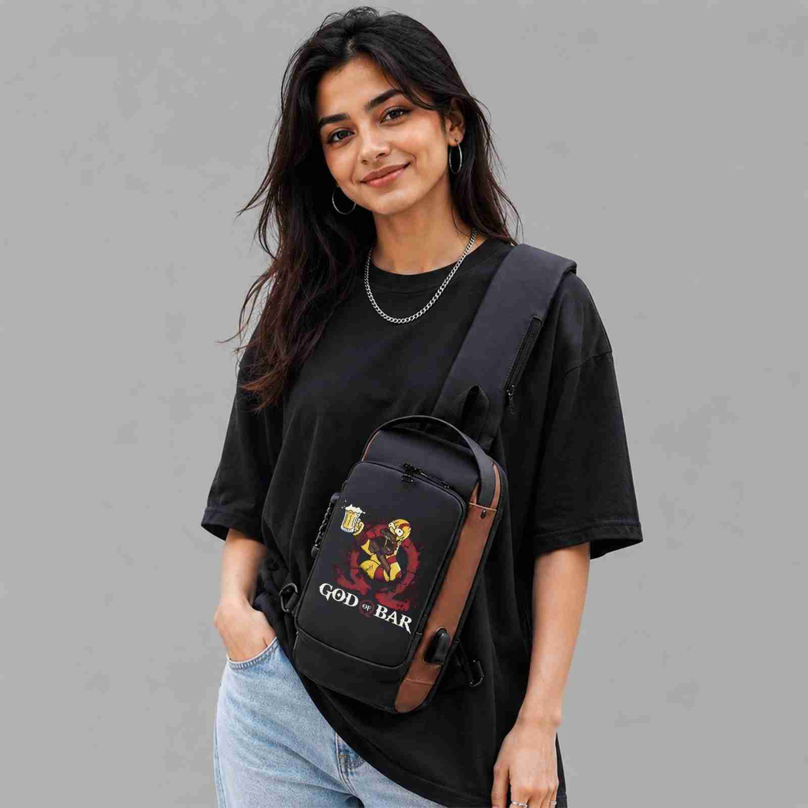 God Of Bar Printed Black Bronze Premium Chester Bag W/ Zipper Lock and Charging Port
