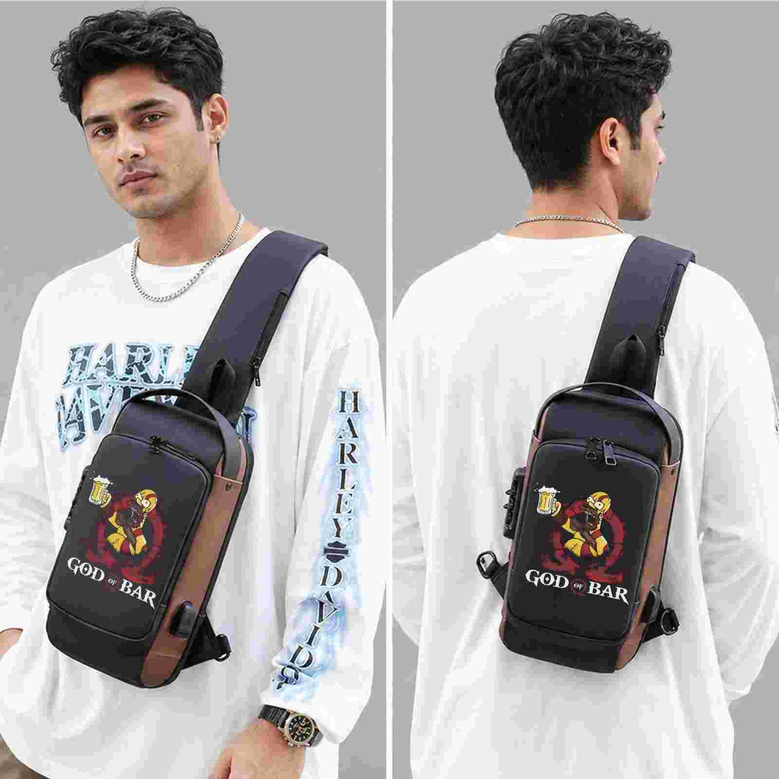 God Of Bar Printed Black Bronze Premium Chester Bag W/ Zipper Lock and Charging Port