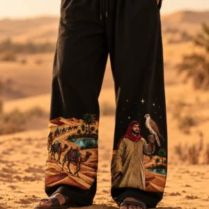 Desert Nomad - Camel Caravan & Arabian Falconer | Baggy Fit | Front Print 100% Cotton Black Pajama / Jogger | OoltaSeedha.com