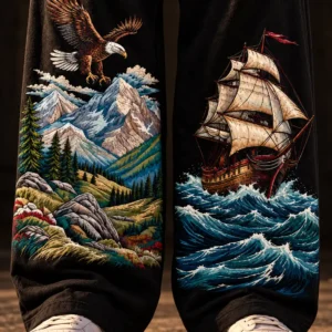 Storm & Peak Neo - Traditional Maritime Soaring Eagle & Tall Ship Voyage | Baggy Fit | Front Print 100% Cotton Black Pajama / Jogger | OoltaSeedha.com