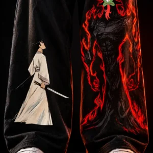 Samurai Jack vs Aku Retro Cartoon Showdown | Baggy Fit | Front Print 100% Cotton Black Pajama / Jogger | OoltaSeedha.com