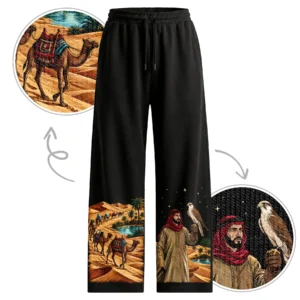 Desert Nomad – Camel Caravan & Arabian Falconer | Baggy Fit | Front Print 100% Cotton Black Pajama / Jogger | Oolta Seedha