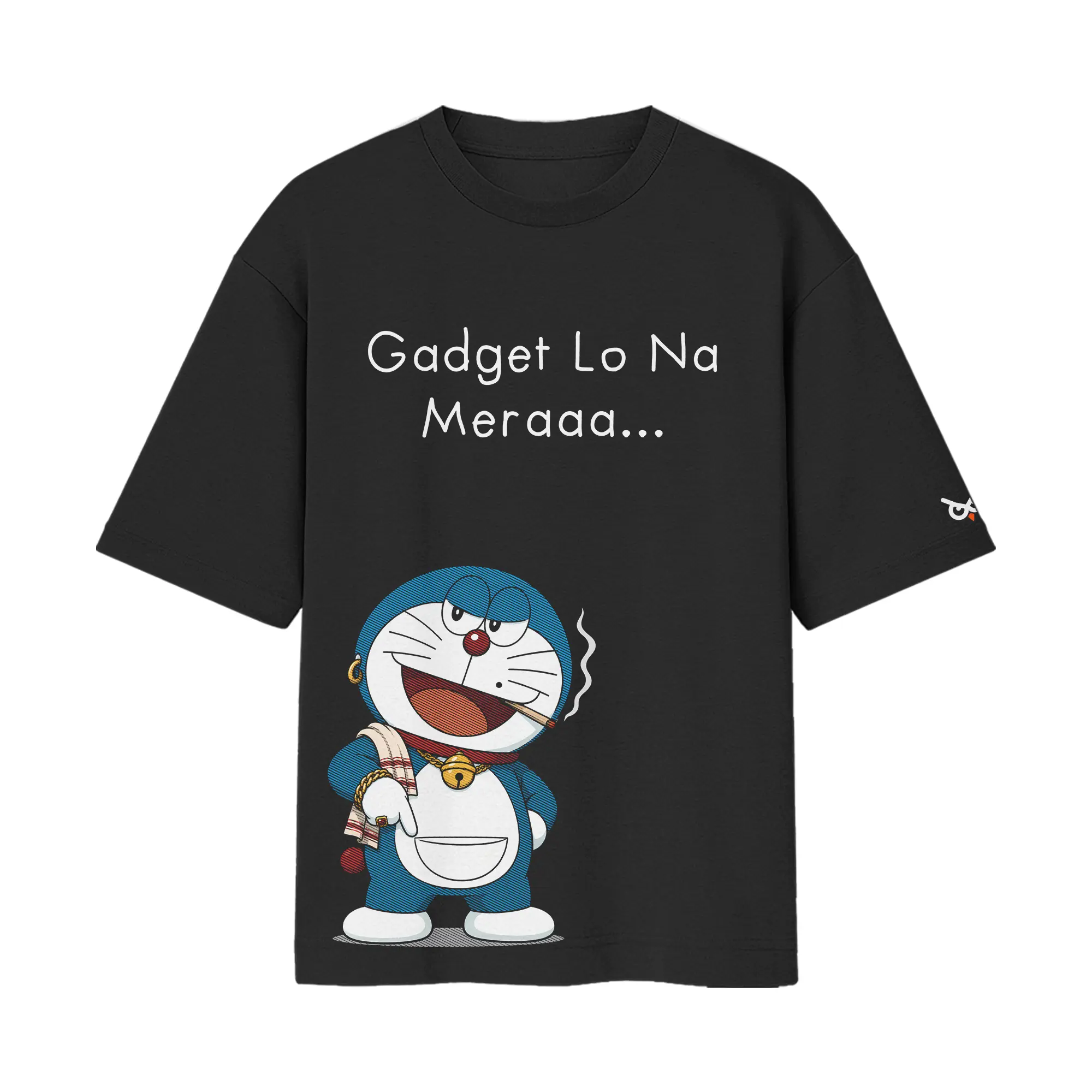 Gadget Lo Na Mera – Tapori Doraemon 2000s Nostalgia Parody | Black Front Print T-Shirt | Oolta Seedha Gadget Lo Na Mera – Tapori Doraemon 2000s Nostalgia Parody | Black Front Print T-Shirt | Oolta Seedha