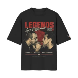 Legends Live Different – Sanju Baba and Sallu Bhai Bhaichara | Black Front Print T-Shirt | Oolta Seedha
