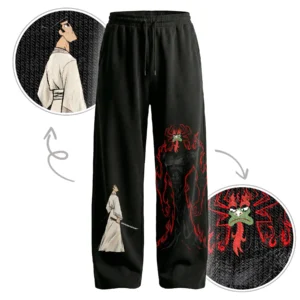 Samurai Jack vs Aku  Retro Cartoon Showdown | Baggy Fit | Front Print 100% Cotton Black Pajama / Jogger | Oolta Seedha