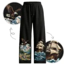 Storm & Peak Neo – Traditional Maritime Soaring Eagle & Tall Ship Voyage | Baggy Fit | Front Print 100% Cotton Black Pajama / Jogger | Oolta Seedha