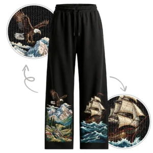 Storm & Peak Neo – Traditional Maritime Soaring Eagle & Tall Ship Voyage | Baggy Fit | Front Print 100% Cotton Black Pajama / Jogger | Oolta Seedha