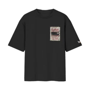 In Case Of Emergency – Stab First, Ask Later – REAL Safety Pin Attached | Black Front Print T-Shirt | Oolta Seedha In Case Of Emergency – Stab First, Ask Later – REAL Safety Pin Attached | Black Front Print T-Shirt | Oolta Seedha