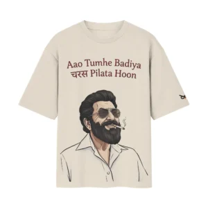 Badiya Charas – Sanju Baba (Sanjay Dutt) Dhurandar Dialogue | Off/White Front Print T-Shirt | Oolta Seedha Badiya Charas – Sanju Baba (Sanjay Dutt) Dhurandar Dialogue | Off/White Front Print T-Shirt | Oolta Seedha