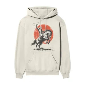 Outlaw Rodeo Red Sun Western Cowboy – Lone Rider | Off/White Front Print Hoodie | Oolta Seedha