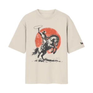 Outlaw Rodeo Red Sun Western Cowboy – Lone Rider | Off/White Front Print T-Shirt | Oolta Seedha