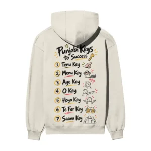Punjabi Keys to Success – Tenu Key, Menu Key | 7 Keys Pun Satire | Off/White Back Print Hoodie | Oolta Seedha Punjabi Keys to Success – Tenu Key, Menu Key | 7 Keys Pun Satire | Off/White Back Print Hoodie | Oolta Seedha